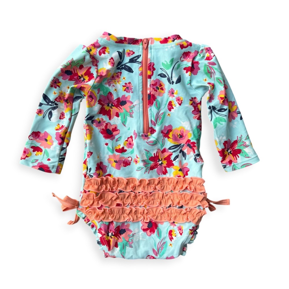 RuffleButts Baby Girls Floral Long Sleeve Rash Guard Swimsuit 6-12M